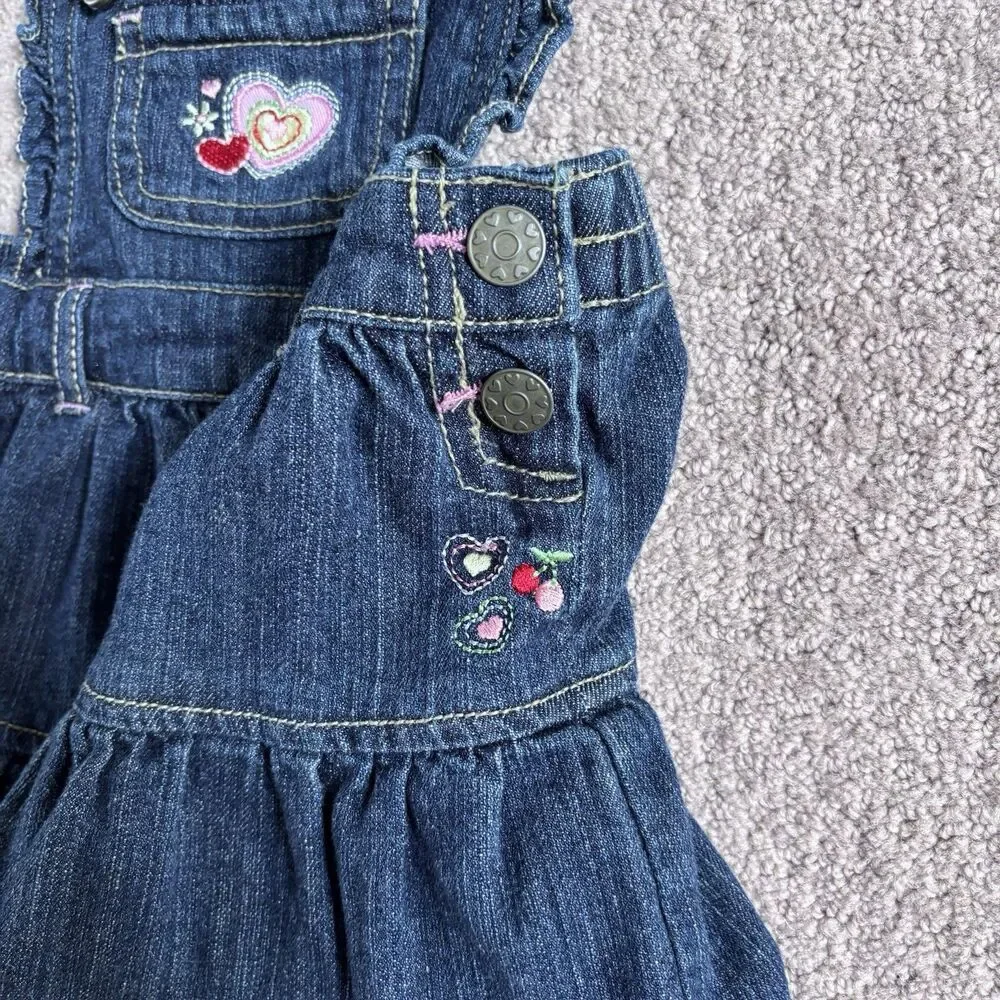 Wonderkids Girls Denim Pinafore Overalls Tiered Dress Embroidery Hearts Coquette